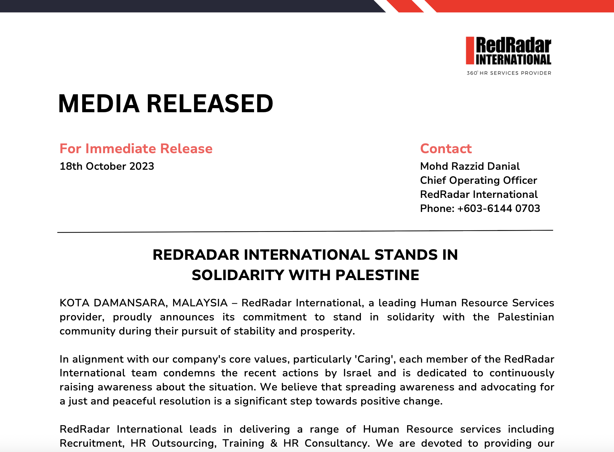 Media Release Stand with Palestine